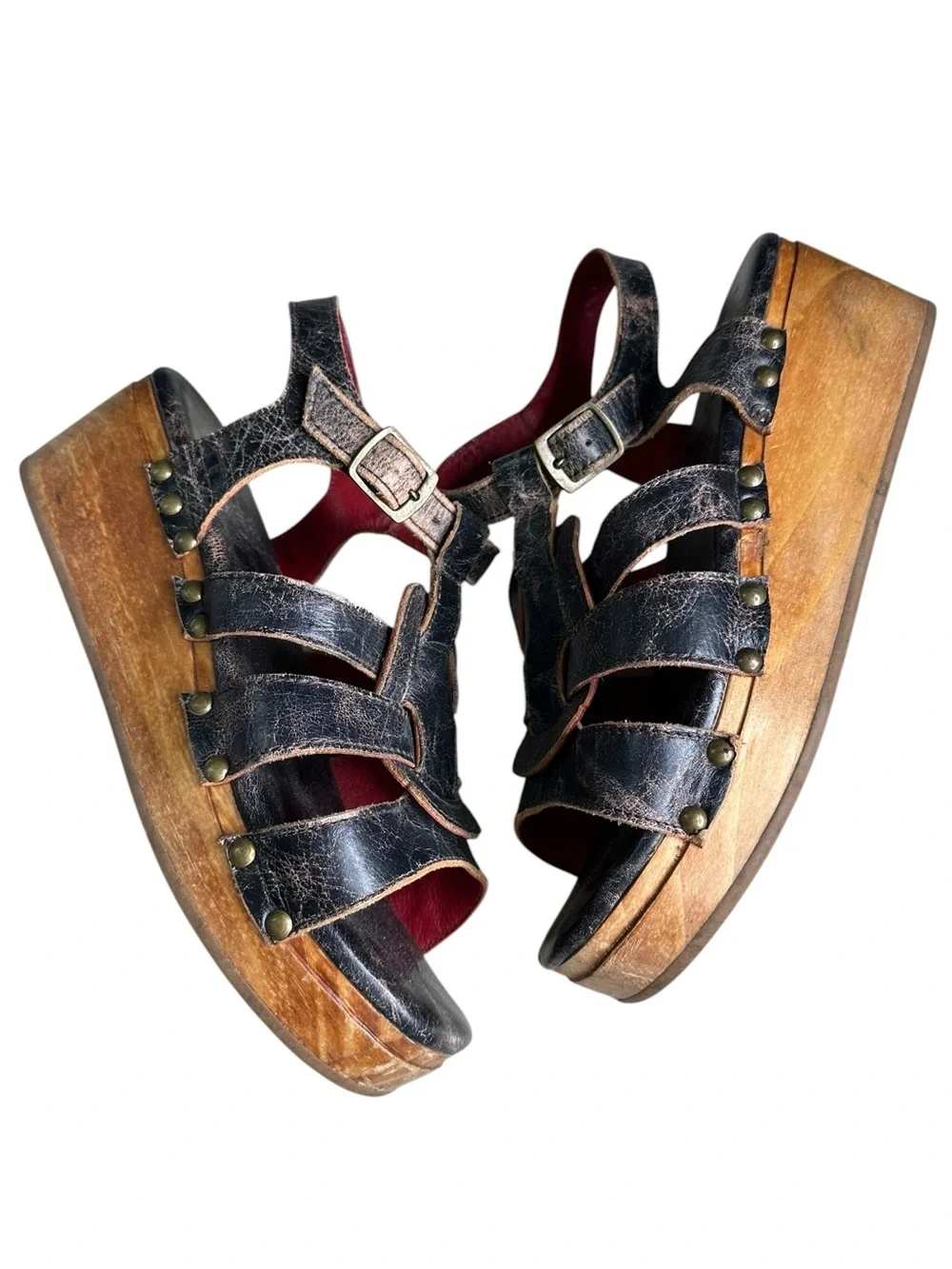 Bed Stu Platform Sandal - Fabiola. Black Distressed Leather. Size 10